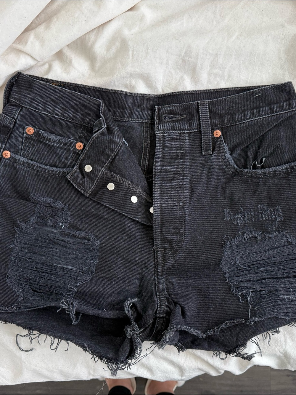 Levi’s 501 Original high rise black destructed distressed denim shorts W29